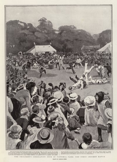 Het kinderfeest van de kroning in Victoria Park, de komische cricketwedstrijd door George Soper